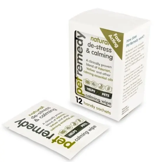 Box of Pet Remedy calming wipes with a single wipe on a white background