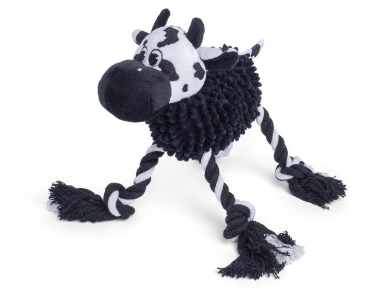 Black and white cow-shaped toy with rope on a white background