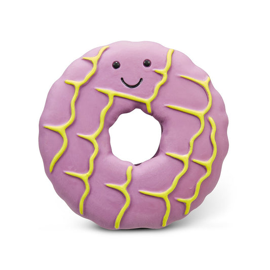 Purple party ring donut-shaped toy with yellow cracks and a smiley face on a white background