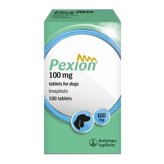 Pexion 100 mg tablets for dogs packaging on a white background