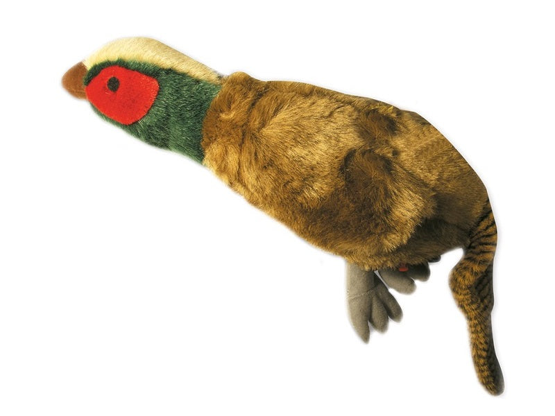 Plush toy resembling a pheasant on a white background