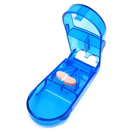 Blue transparent pill splitter with two pills on a white background