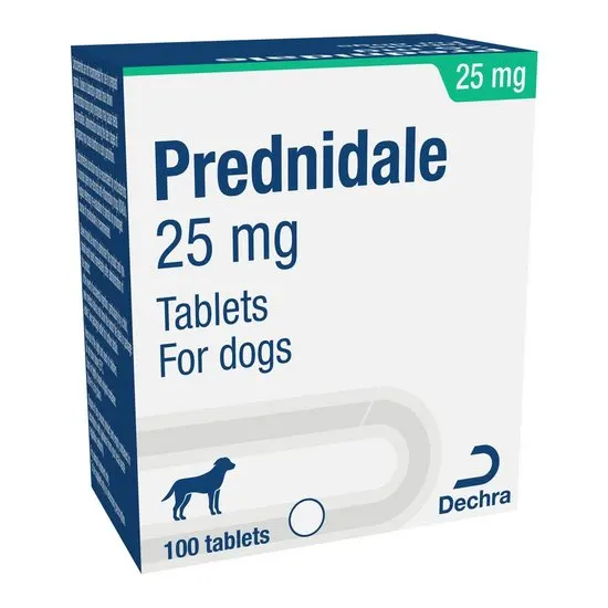 Box of Prednidale 25 mg tablets for dogs with Dechra logo