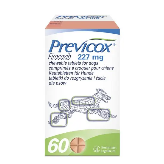 Box of Previcox 227mg Firocoxib chewable tablets for dogs on a white background