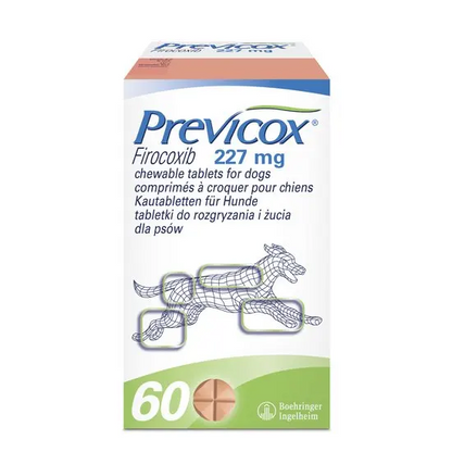 Box of Previcox 227mg Firocoxib chewable tablets for dogs on a white background