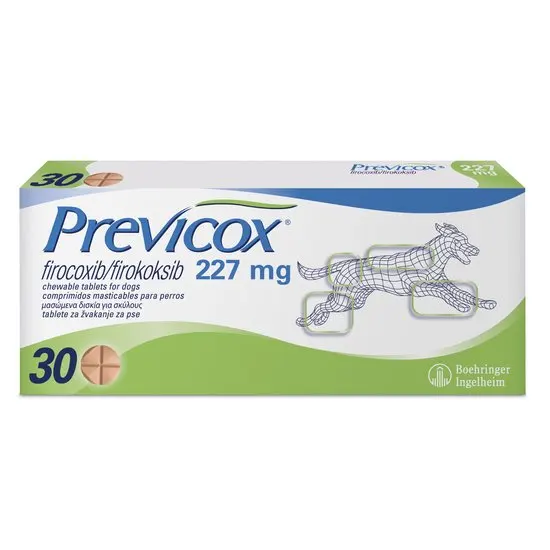 Box of Previcox 227mg chewable tablets for dogs with 30 tablets on a white background