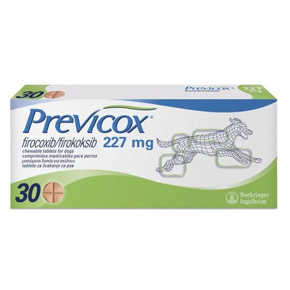 Box of Previcox 227mg chewable tablets for dogs with 30 tablets on a white background
