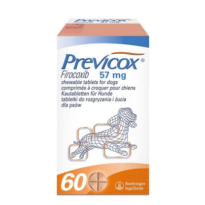 Box of Previcox 57mg Firocoxib chewable tablets for dogs with a dog illustration on a white background.