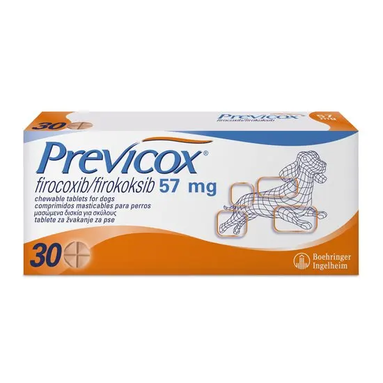 Box of Previcox 57mg chewable tablets for dogs with Boehringer Ingelheim logo on a white background