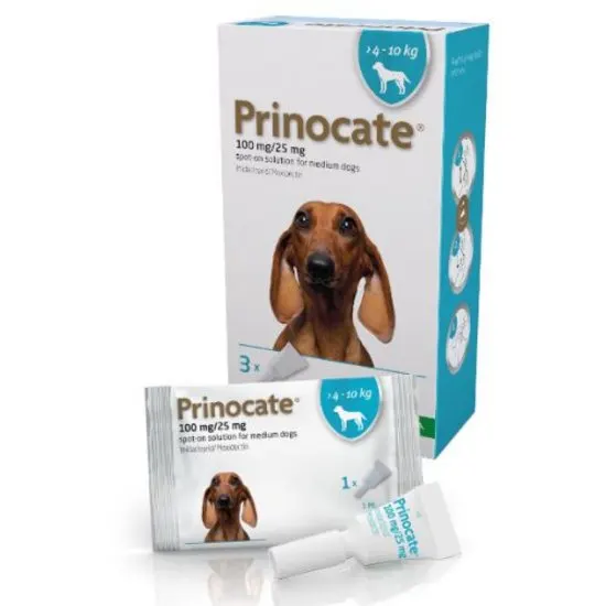 Prinocate packaging for dogs 4-10kg with a dachshund illustration on a white background