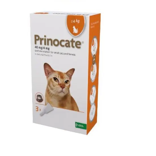 Prinocate packaging for small cats <4kg and ferrets with a cat illustration on a white background