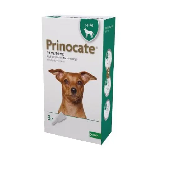 Prinocate packaging for small dogs <4kg with a dog illustration on a white background