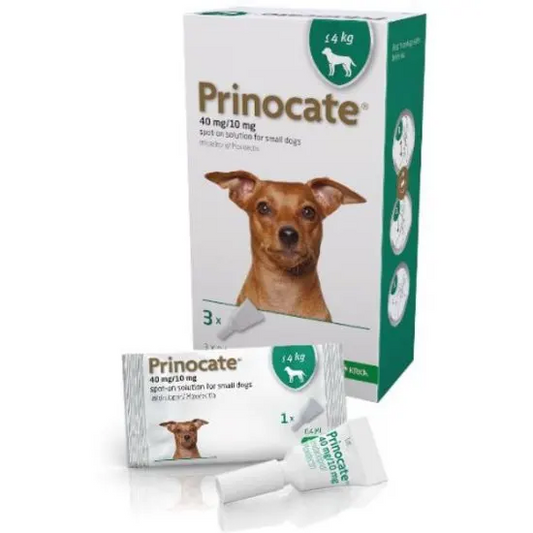 Prinocate packaging for small dogs <4kg with a dog illustration on a white background