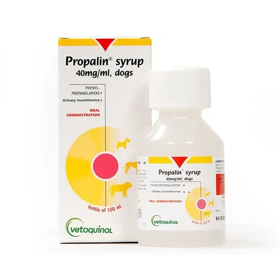 Propalin syrup packaging for dogs by Vetoquinol on a white background