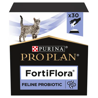 Purina Pro Plan FortiFlora feline probiotic packaging with a cat illustration.