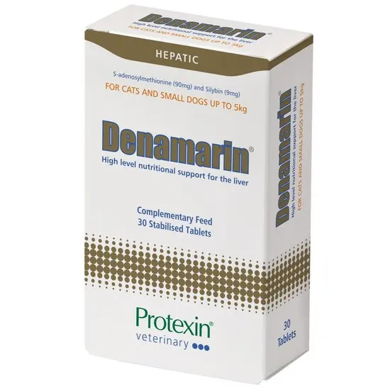 Denamarin box for cats and small dogs with Protexin branding on a white background