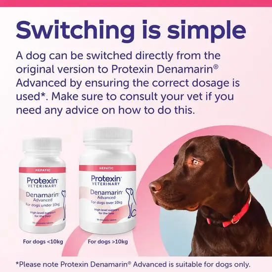 Advertisement for Protexin Denamarin Advanced with two bottles and a dog on a pink and blue background.