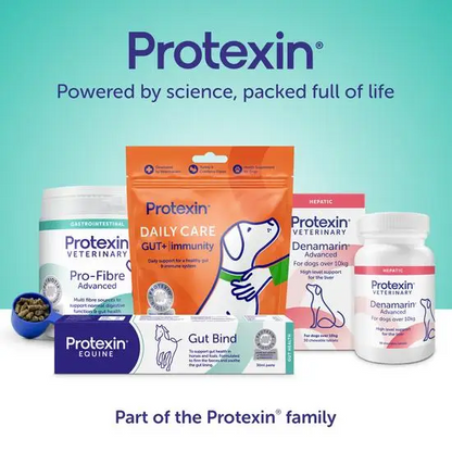 Collection of Protexin pet care products on a light blue background