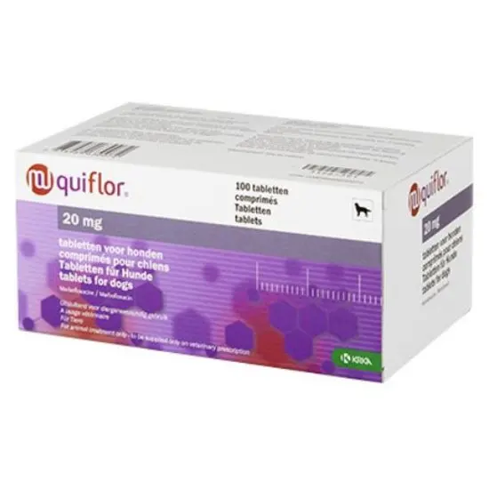 Box of 20mg Quiflor tablets for dogs on a white background