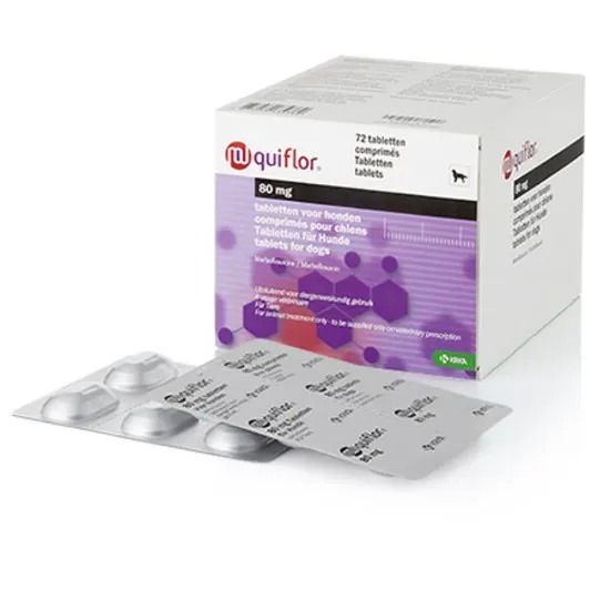 Quiflor 80 mg tablets packaging with tablets on a white background