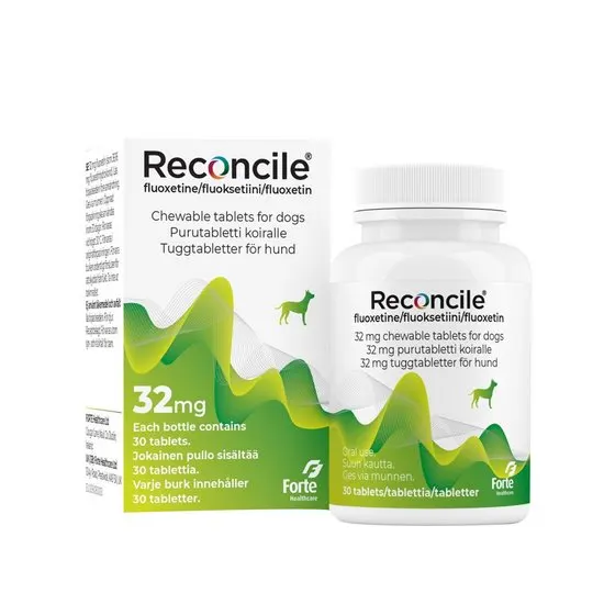 Reconcile 32mg chewable tablets for dogs packaging with green and white design.