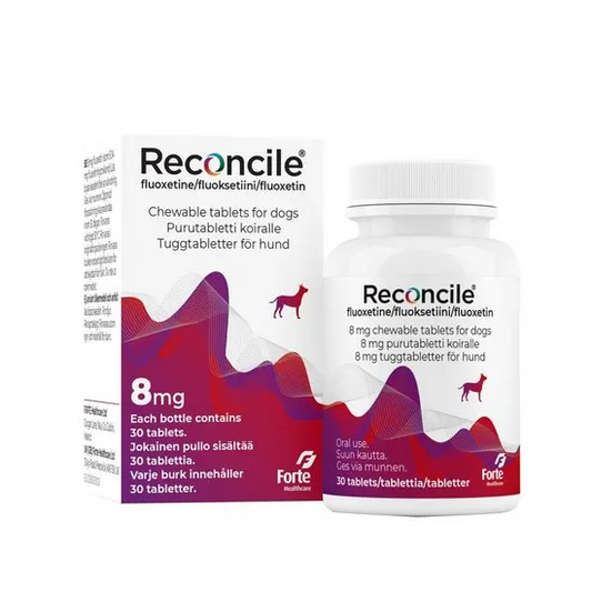 Reconcile 8mg chewable tablets for dogs packaging on a white background