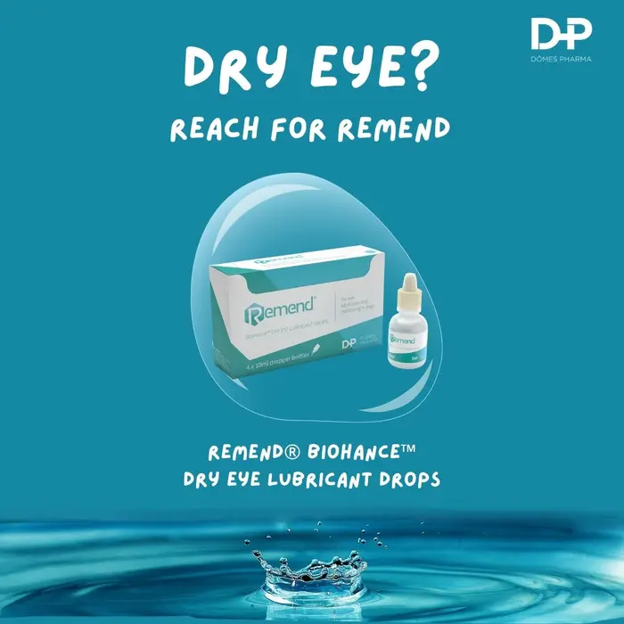 Advertisement for Remend dry eye lubricant drops with packaging and bottle on a blue background.