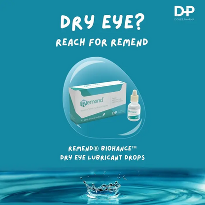 Advertisement for Remend dry eye lubricant drops with packaging and bottle on a blue background.