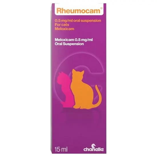 Rheumocam packaging for cats 0.5mg/ml 15ml bottle with a purple background and orange cat illustration.