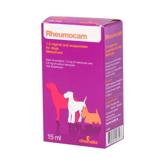 Rheumocam packaging for dogs  1.5mg/ml  15ml bottle on a white background
