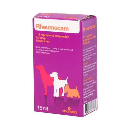 Rheumocam packaging for dogs  1.5mg/ml  15ml bottle on a white background