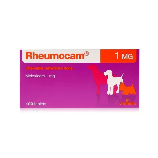 Rheumocam 1mg tablet packaging for dogs with a purple and orange design on a white background