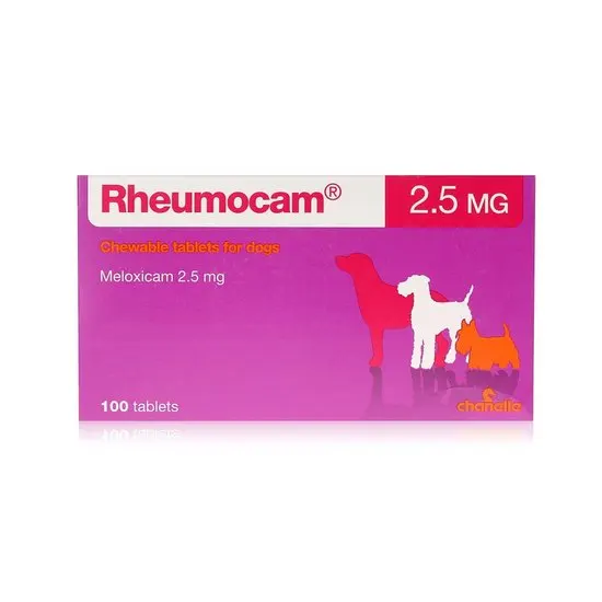 Rheumocam 2.5 MG chewable tablets for dogs packaging on a white background
