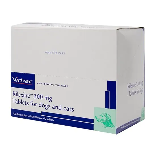 Box of Virbac Rilexine 300 mg tablets for dogs and cats on a white background