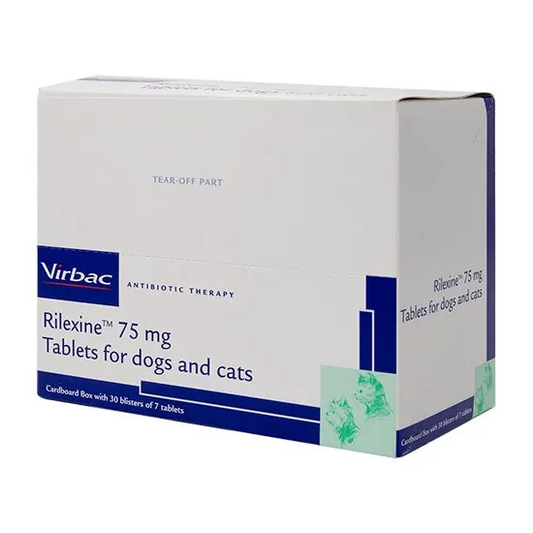 Box of Virbac Rilexine 75 mg tablets for dogs and cats on a white background