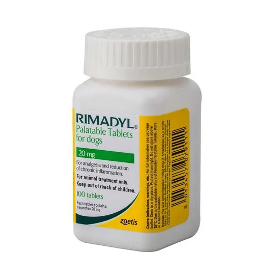 Bottle of Rimadyl 20mg palatable tablets for dogs on a white background