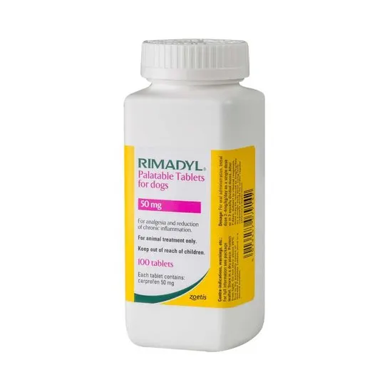 Bottle of Rimadyl 50mg palatable tablets for dogs on a white background