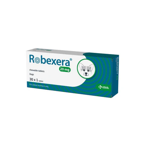 Box of 20mg Robexera chewable tablets for dogs on a white background