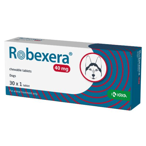 Box of 40mg Robexera chewable tablets for dogs with a dog illustration on a white background