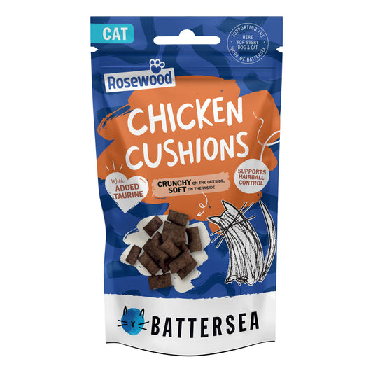 Package of Rosewood Chicken Cushions for cats with Battersea branding on a white background