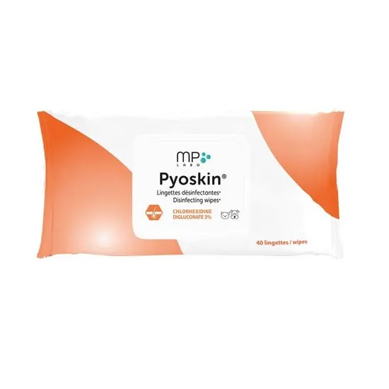 Pack of Pyoskin disinfectant skin wipes with orange and white design on a white background