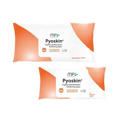 Two packages of Pyoskin disinfecting skin wipes on a white background