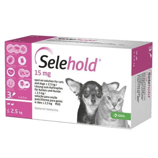 Selehold 15mg packaging for small animals with a dog and cat illustration on a white background