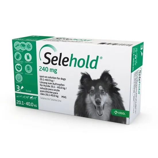 Selehold 240 mg packaging for dogs with a dog's face on the box.