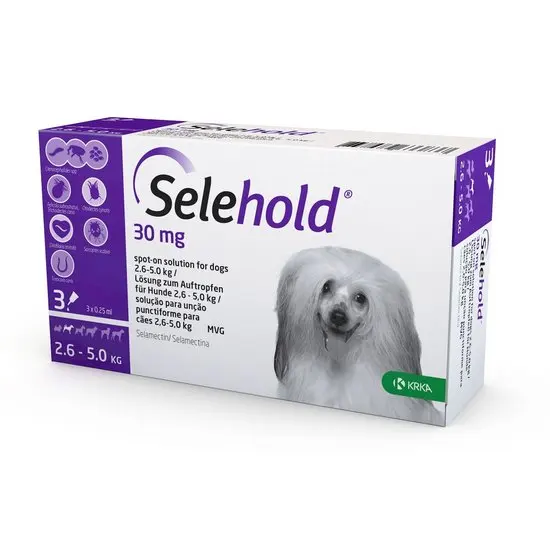 Selehold 30 mg spot-on solution packaging for dogs with a dog image on a white background