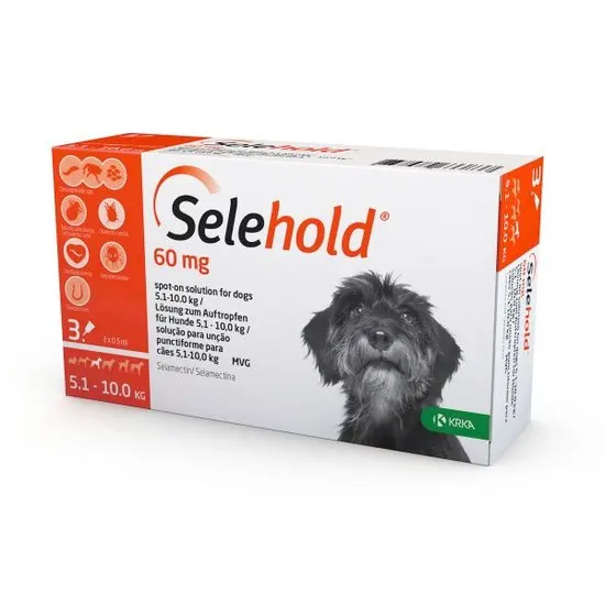 Selehold 60 mg spot-on solution packaging for dogs with a dog's face on the box.