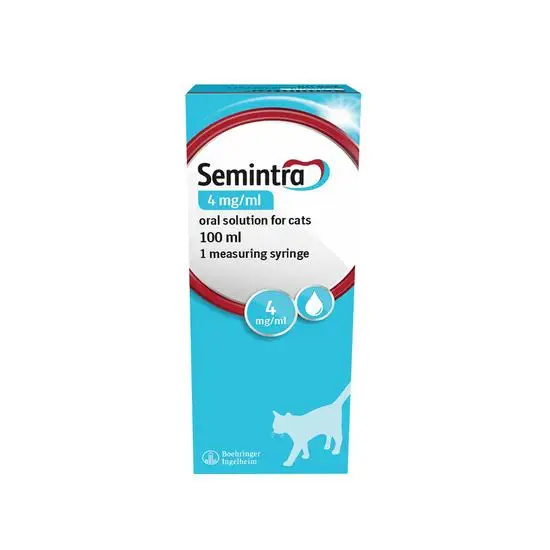 Semintra 4mg/ml oral solution packaging for cats on a white background