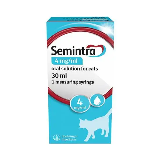 Semintra 4mg/ml oral solution packaging for cats on a white background