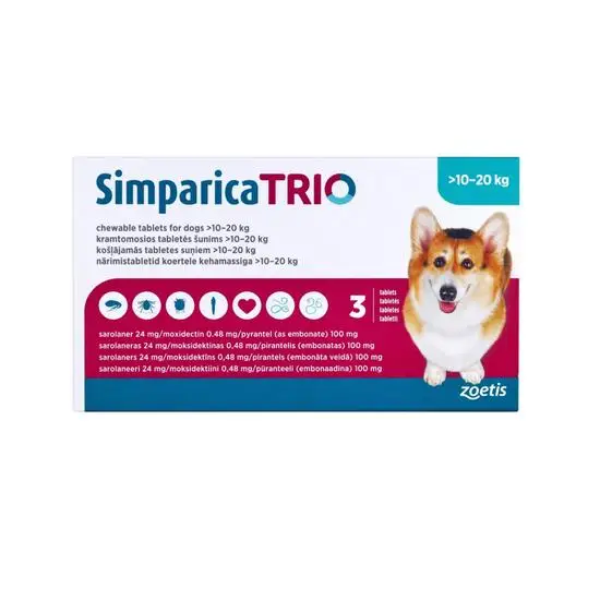 Simparica TRIO packaging for dogs 10-20 kg on a white background