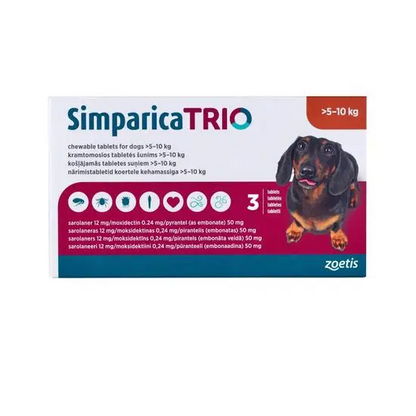Simparica TRIO packaging for dogs 5-10 kg with a dachshund illustration on a white background.
